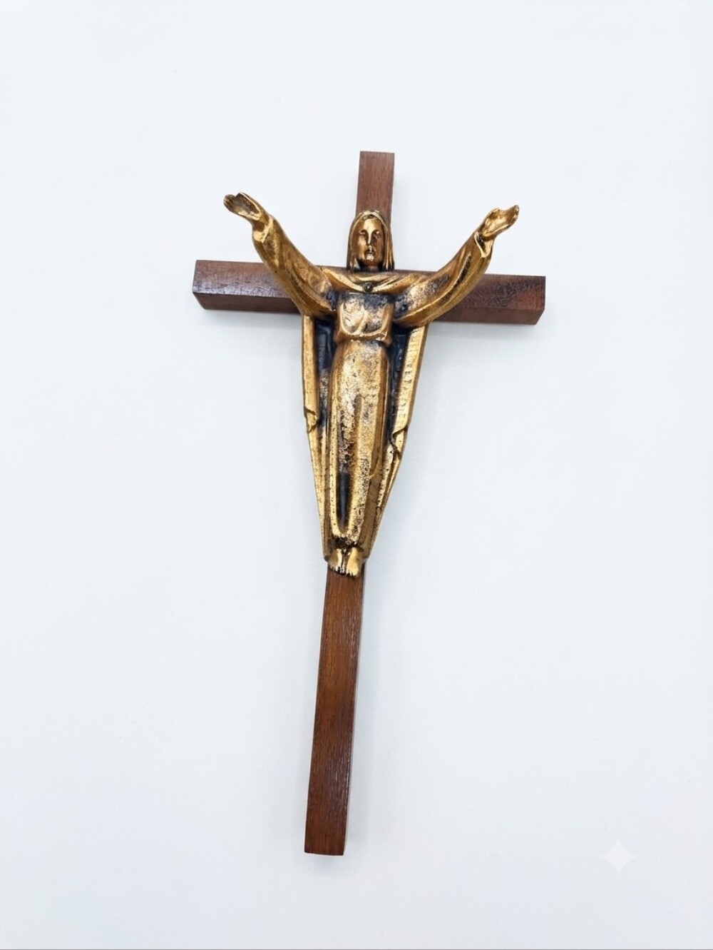Vintage Mid Century Modern Heavy Brass & Wood Crucifix | Risen Christ Cross Wall
